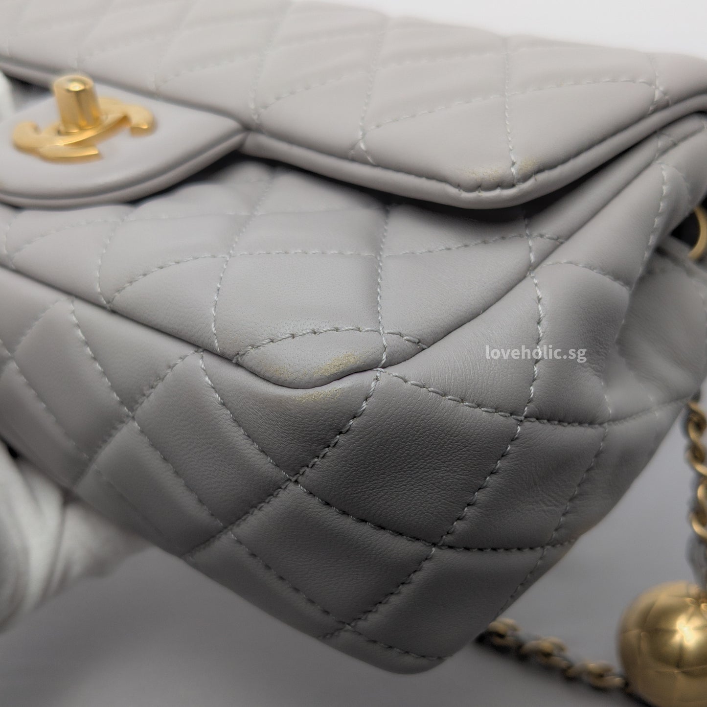 Pearl Crush Mini Rectangle 22B Light Grey Lambskin Brushed Gold Hardware