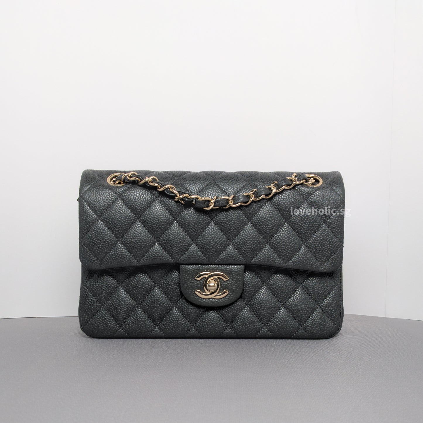 Chanel Classic Flap Small | 18S Dark Grey Caviar Light Gold Hardware-whitebackground