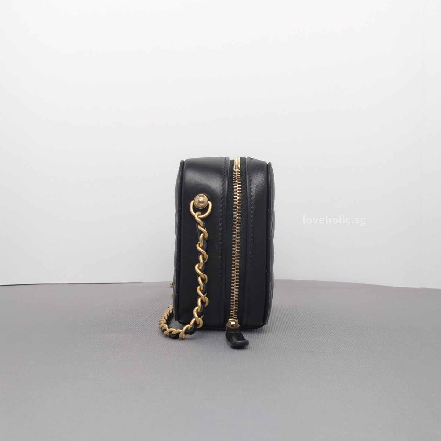 Camera Bag Mini with Pearl Crush | Black Lambskin Brushed Gold Hardware