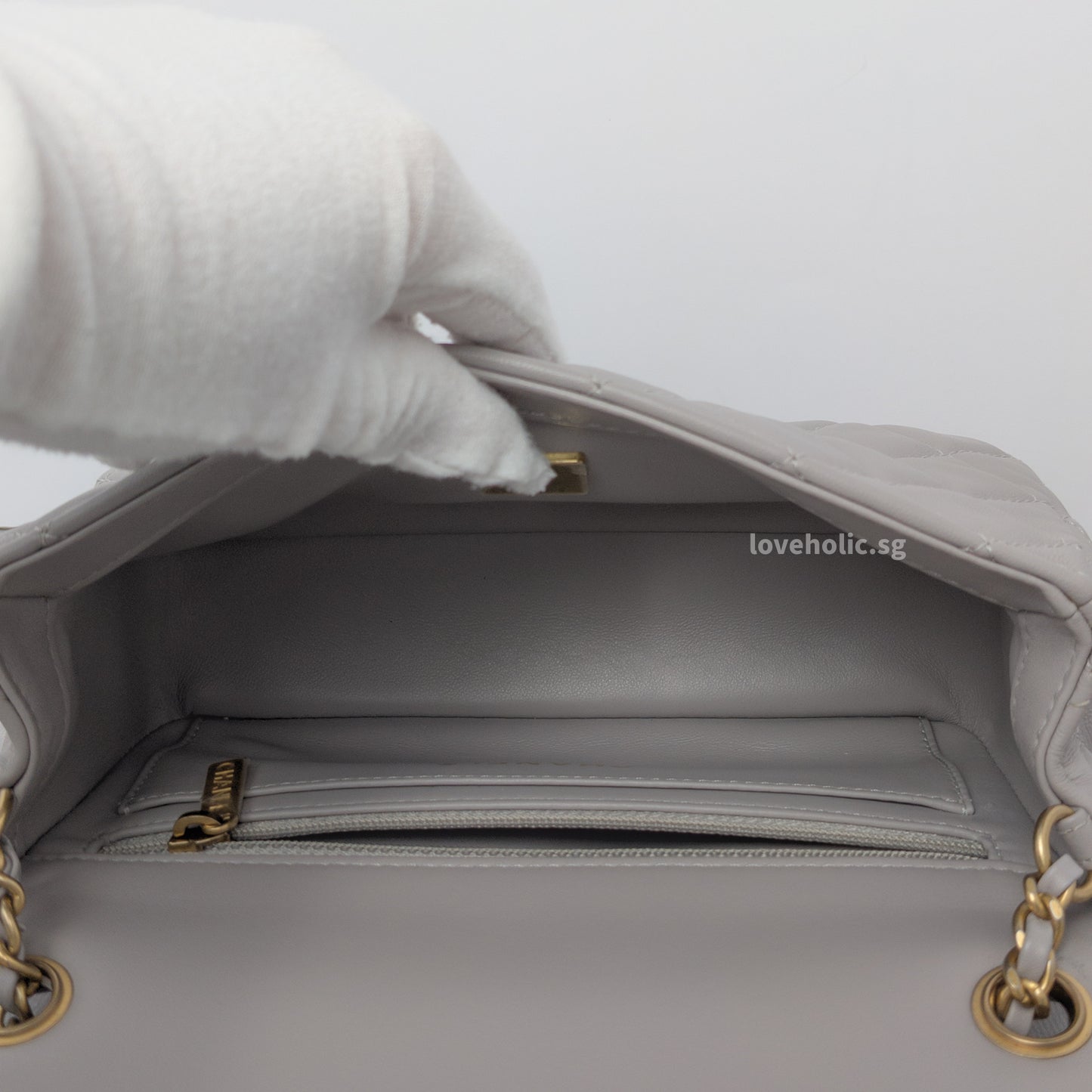 Pearl Crush Mini Rectangle 22B Light Grey Lambskin Brushed Gold Hardware