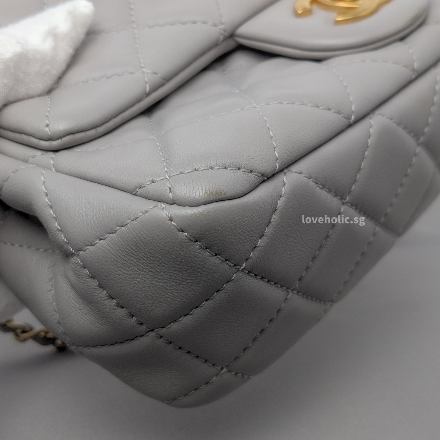 Pearl Crush Mini Rectangle 22B Light Grey Lambskin Brushed Gold Hardware