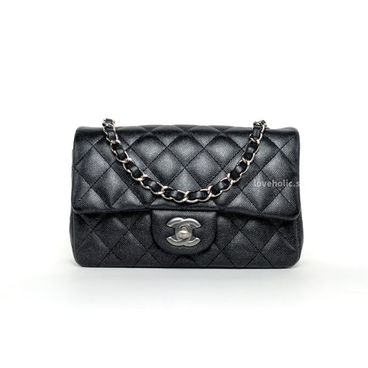 Chanel Classic Flap Mini Rectangle | 18C Iridescent Black Caviar Silver Hardware