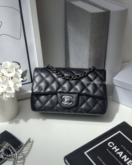 Chanel Classic Flap Mini Rectangle | Iridescent Black  Caviar Silver Hardware