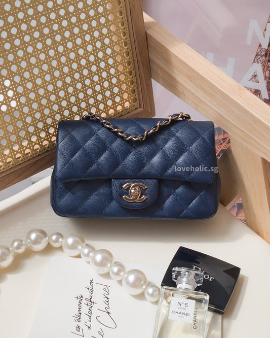 Chanel Classic Flap Mini Rectangle | 17B Navy Blue Caviar Gold Hardware