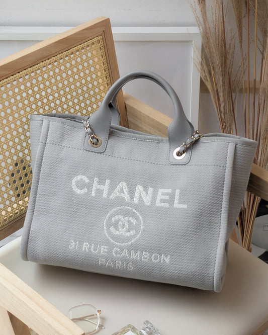 Chanel Deauville Shopping Tote 23B Grey Canvas Silver Hardware-main