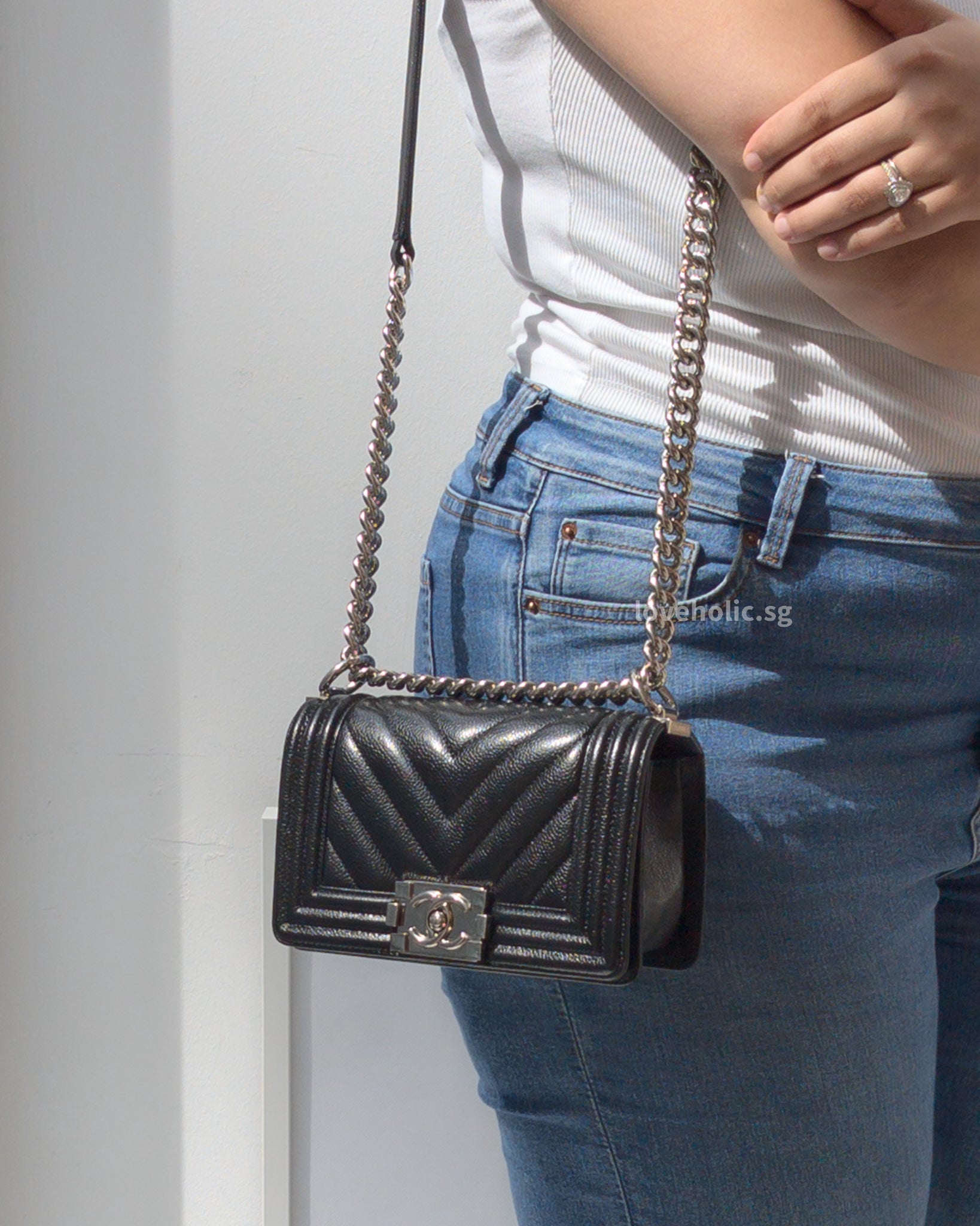 Chanel Boy Chevron Small | Black Caviar Silver Hardware-modelshots
