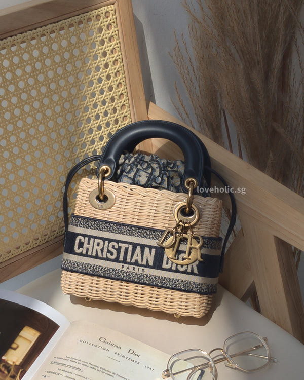 Dior Lady Dior Mini | Blue Oblique Jacquard Natural Wicker Brushed Gold Hardware-main