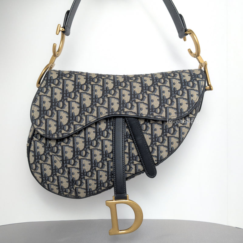 Dior Saddle Medium | Blue Oblique  Jacquard Fabric Brushed Gold Hardware-whitebackground