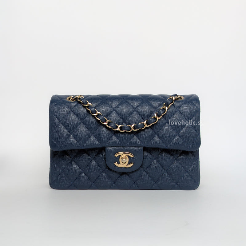 Chanel Classic Flap Small | 19C Navy Blue Caviar Light Gold Hardware-whitebackground