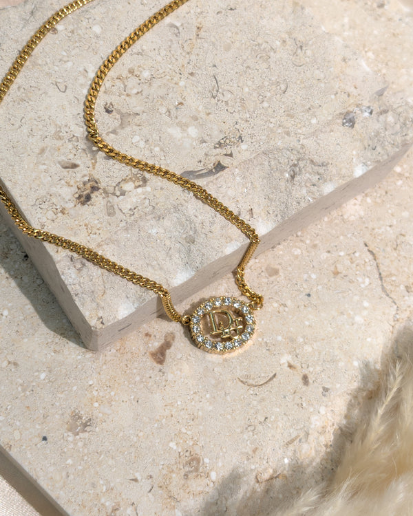 Dior Vintage Necklace Crystal round logo |   Gold Hardware-main