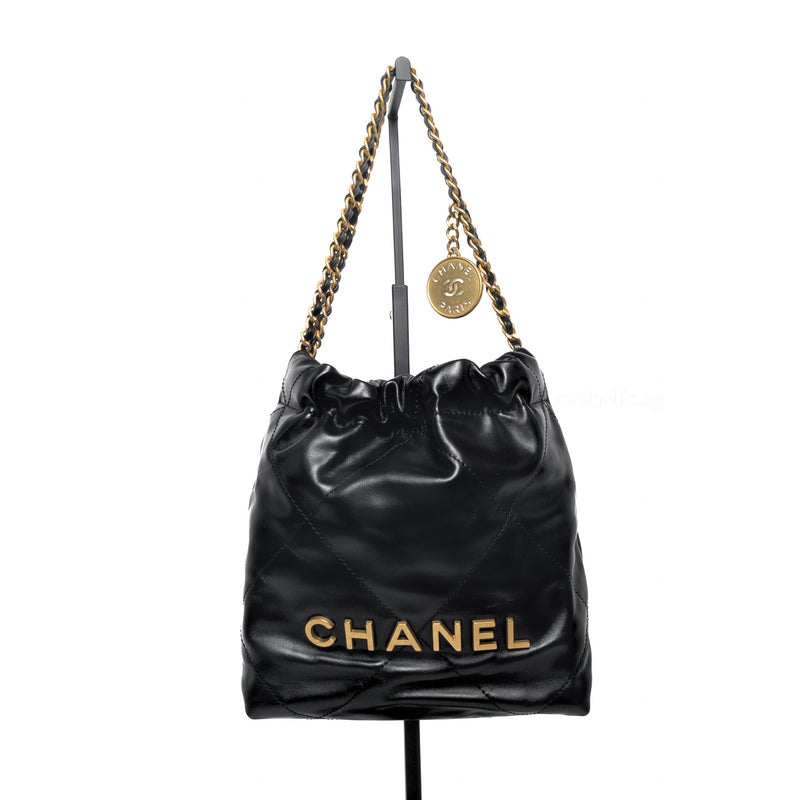 Chanel 22 Bag Mini | Black Calfskin Brushed Gold Hardware