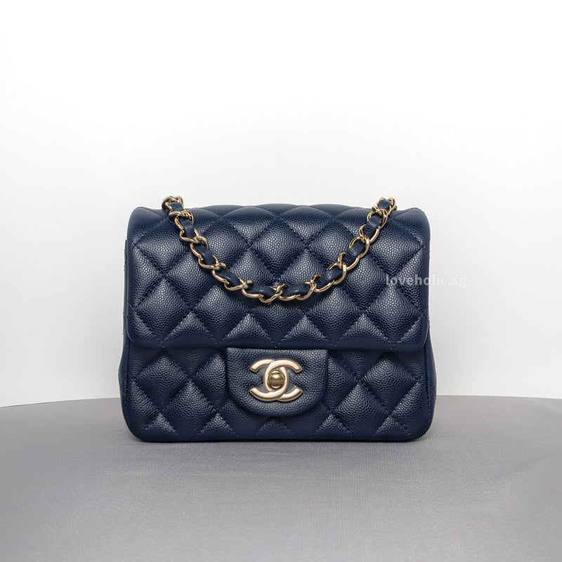 Chanel Classic Flap Mini Square | 17B Navy Blue Caviar Light Gold Hardware-whitebackground