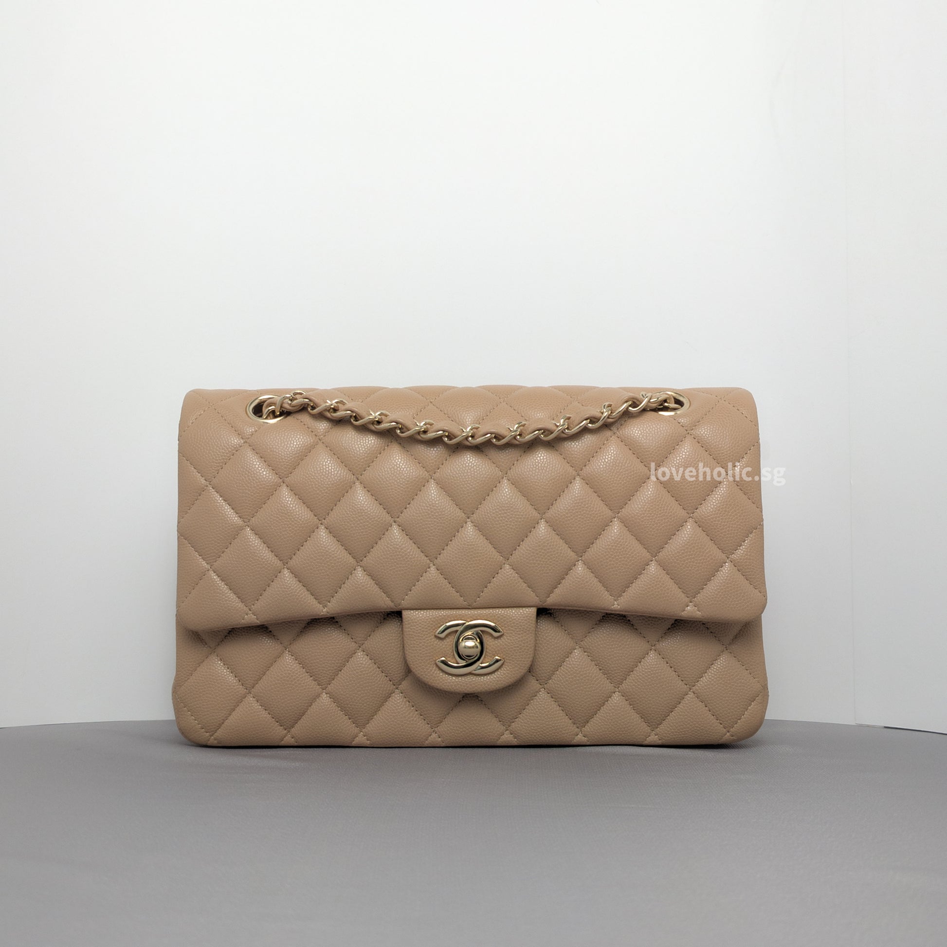 Chanel Classic Flap Medium | 19B Dark Beige Caviar Light Gold Hardware-whitebackground