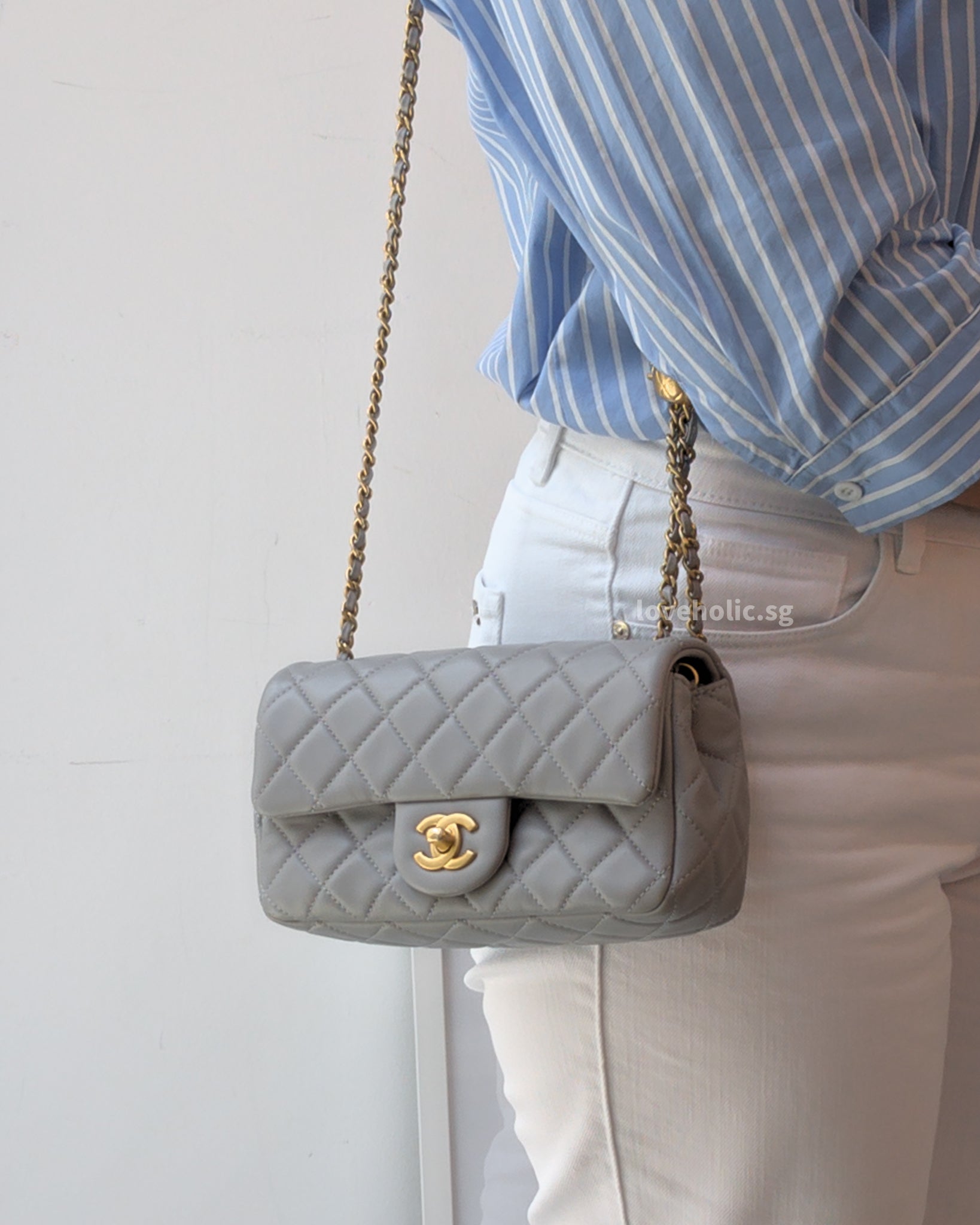 Chanel Pearl Crush Mini Rectangle 22B Light Grey Lambskin Brushed Gold Hardware-modelshots
