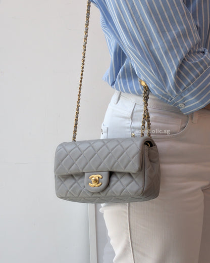 Chanel Pearl Crush Mini Rectangle 22B Light Grey Lambskin Brushed Gold Hardware-modelshots