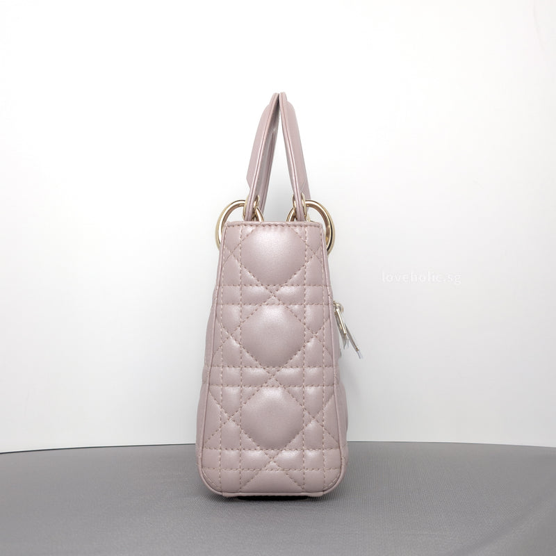 Dior Lady Dior Mini | Pearlescent Lotus Pink Lambskin Light Gold Hardware-details