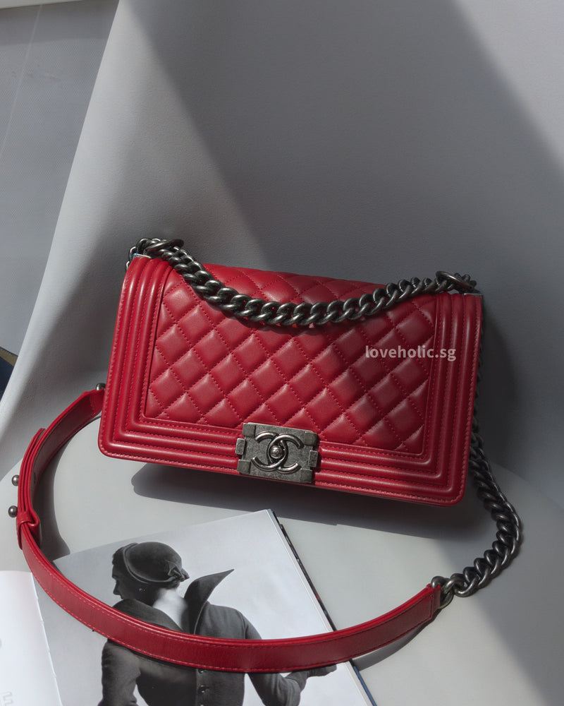 Chanel Boy Medium | Red Lambskin Ruthenium Hardware-main