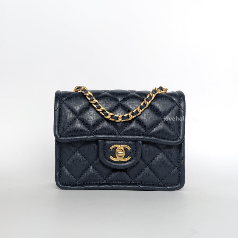 Chanel Sweet Mini Square Flap 21K Dark Blue/Navy  Caviar Brushed Gold Hardware-whitebackground