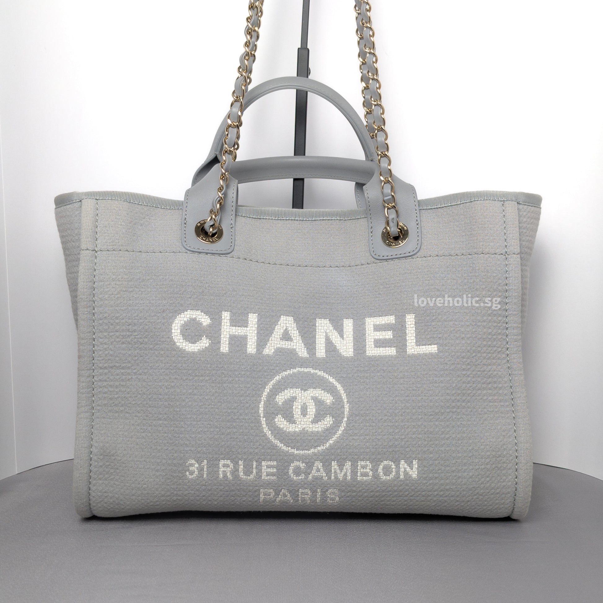 Chanel Deauville Shopping Tote 23B Grey Canvas Silver Hardware-whitebackground