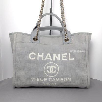 Chanel Deauville Shopping Tote 23B Grey Canvas Silver Hardware-whitebackground