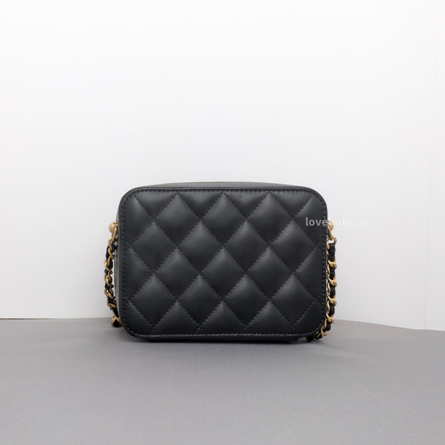 Chanel Camera Bag Mini with pearl crush | Black Lambskin Brushed Gold Hardware-back
