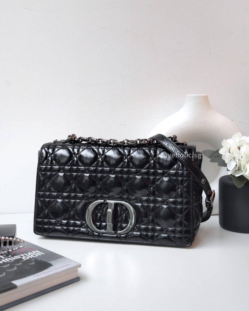 Dior Caro Medium | Black Patent Cannage Leather Ruthenium Hardware