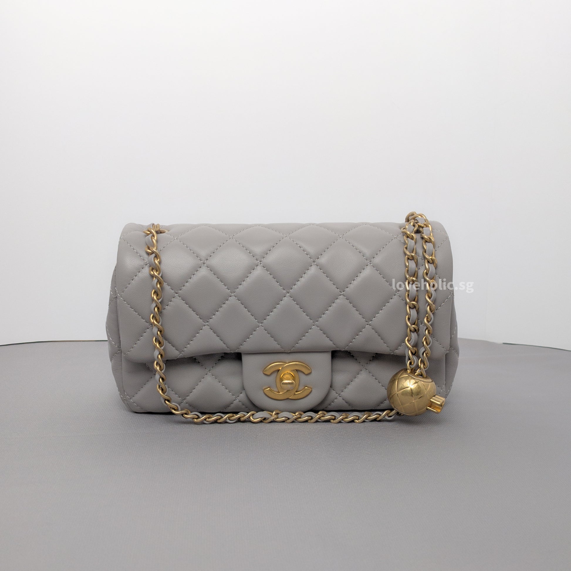 Chanel Pearl Crush Mini Rectangle 22B Light Grey Lambskin Brushed Gold Hardware-whitebackground