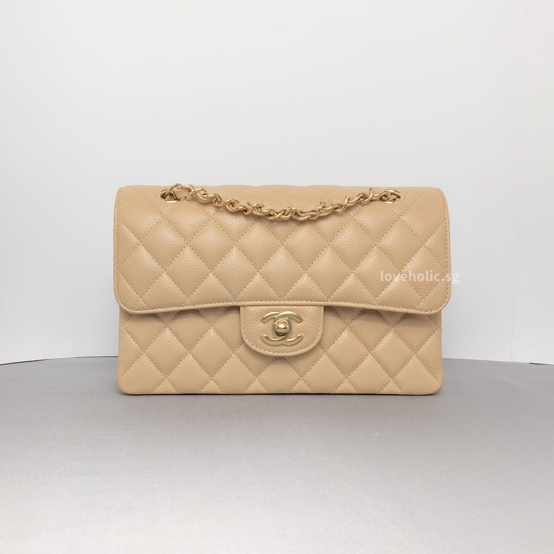 Chanel Classic Flap Small | Beige Claire Caviar Gold Hardware-whitebackground