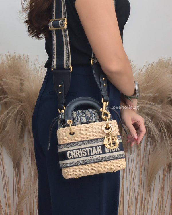 Dior Lady Dior Mini | Blue Oblique Jacquard Natural Wicker Brushed Gold Hardware-modelshots