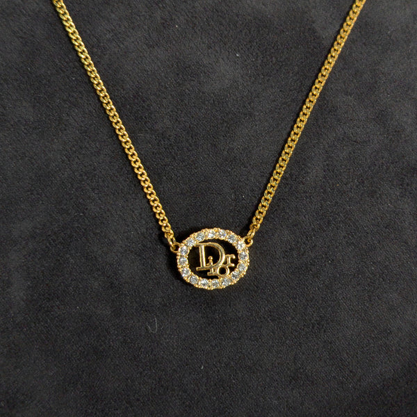 Dior Vintage Necklace Crystal round logo |   Gold Hardware-modelshots