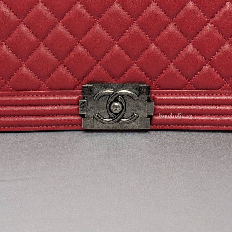 Chanel Boy Old Medium | Red Lambskin Ruthenium Hardware