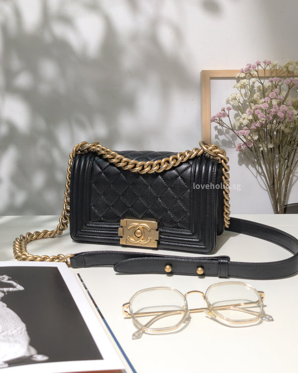 Chanel Boy Small | Black Caviar Brushed Gold Hardware-main