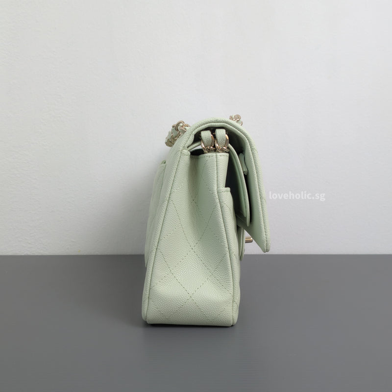 Chanel Classic Flap Medium | 22C Light Green Caviar Light Gold Hardware-details