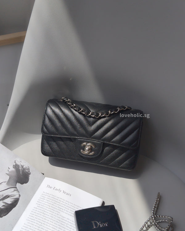 Chanel Classic Flap Chevron Mini Rectangle | 17S Black Caviar Silver Hardware-main