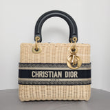 Dior Lady Dior Medium | Blue Oblique Jacquard Natural Wicker Brushed Gold Hardware-whitebackground