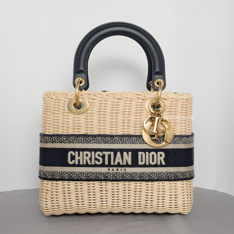 Dior Lady Dior Medium | Blue Oblique Jacquard Natural Wicker Brushed Gold Hardware-whitebackground