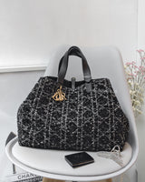 Dior Large Toujours | Black Tweed with White Cannage Motif Light Gold Hardware-main