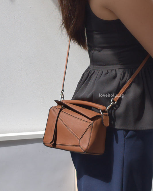 Loewe Mini Puzzle Tan Calfskin Silver Hardware-modelshots