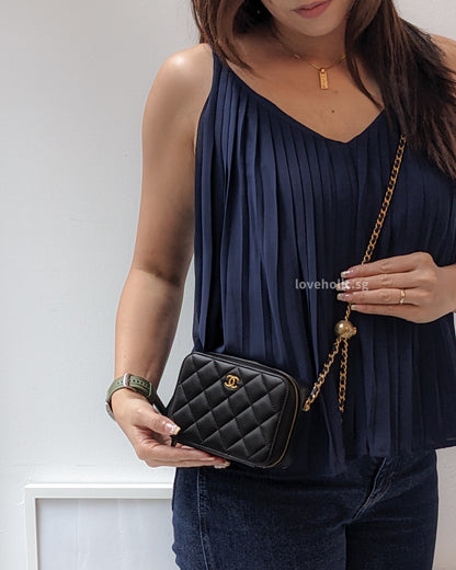 Chanel Camera Bag Mini with pearl crush | Black Lambskin Brushed Gold Hardware-modelshots