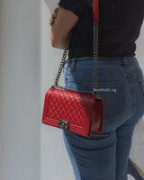 Chanel Boy Medium | Red Lambskin Ruthenium Hardware-modelshots