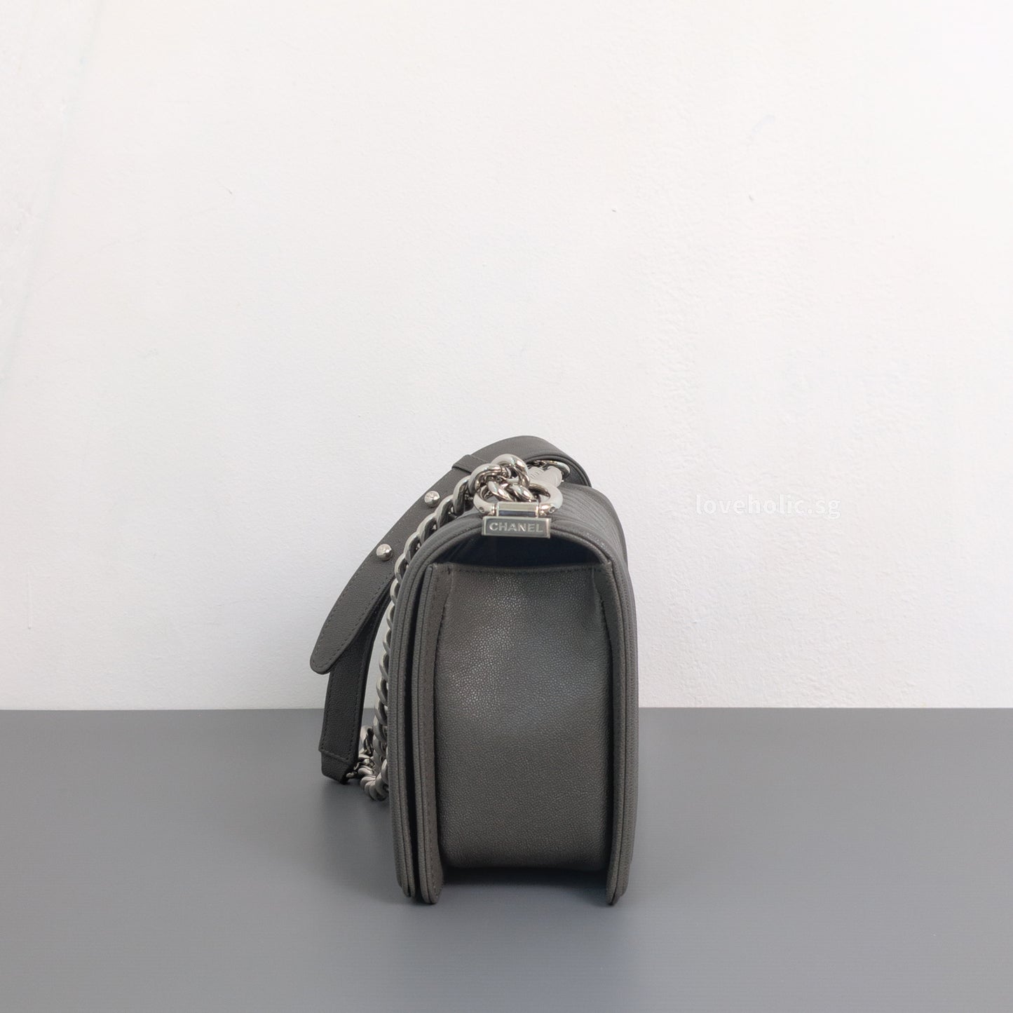 Chanel Boy Medium | 20S Grey Caviar Silver Hardware-details