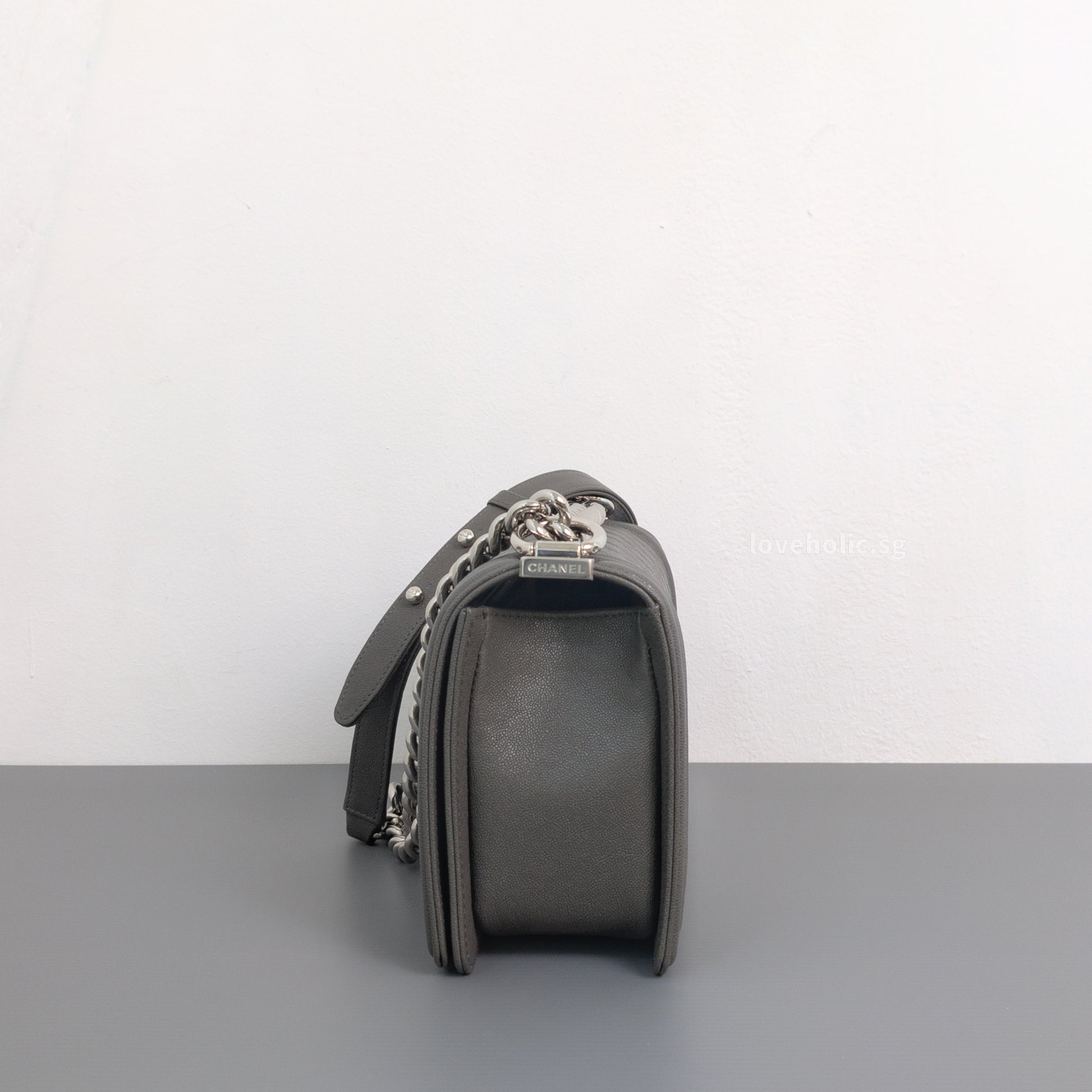 Chanel Boy Medium | 20S Grey Caviar Silver Hardware-details