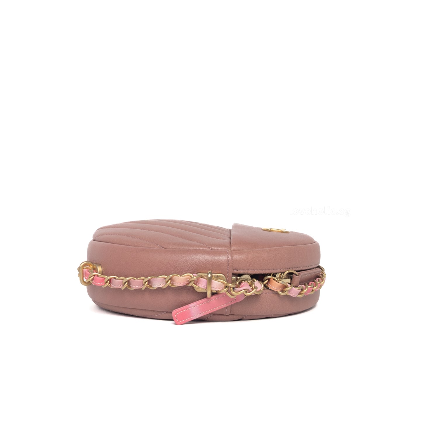 Round Clutch with Chain Pink Lambskin Brushed Gold Hardware