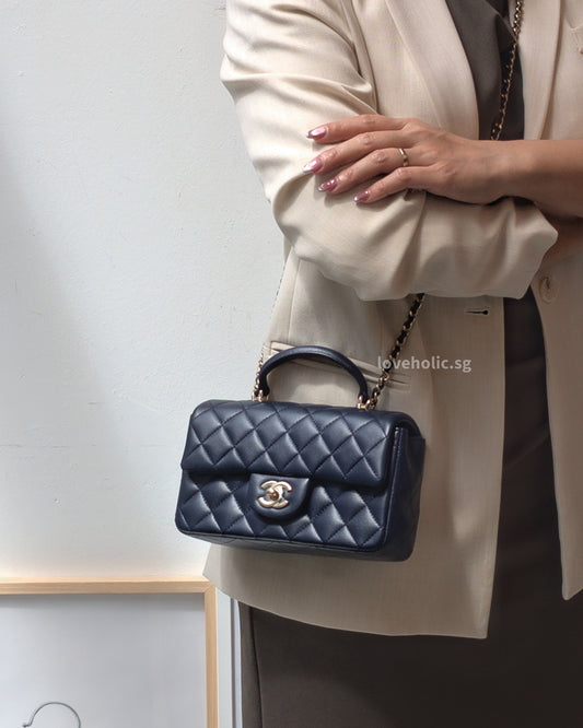 Chanel Mini Rectangle with Top Handle 24P Navy Lambskin Light Gold Hardware-modelshots