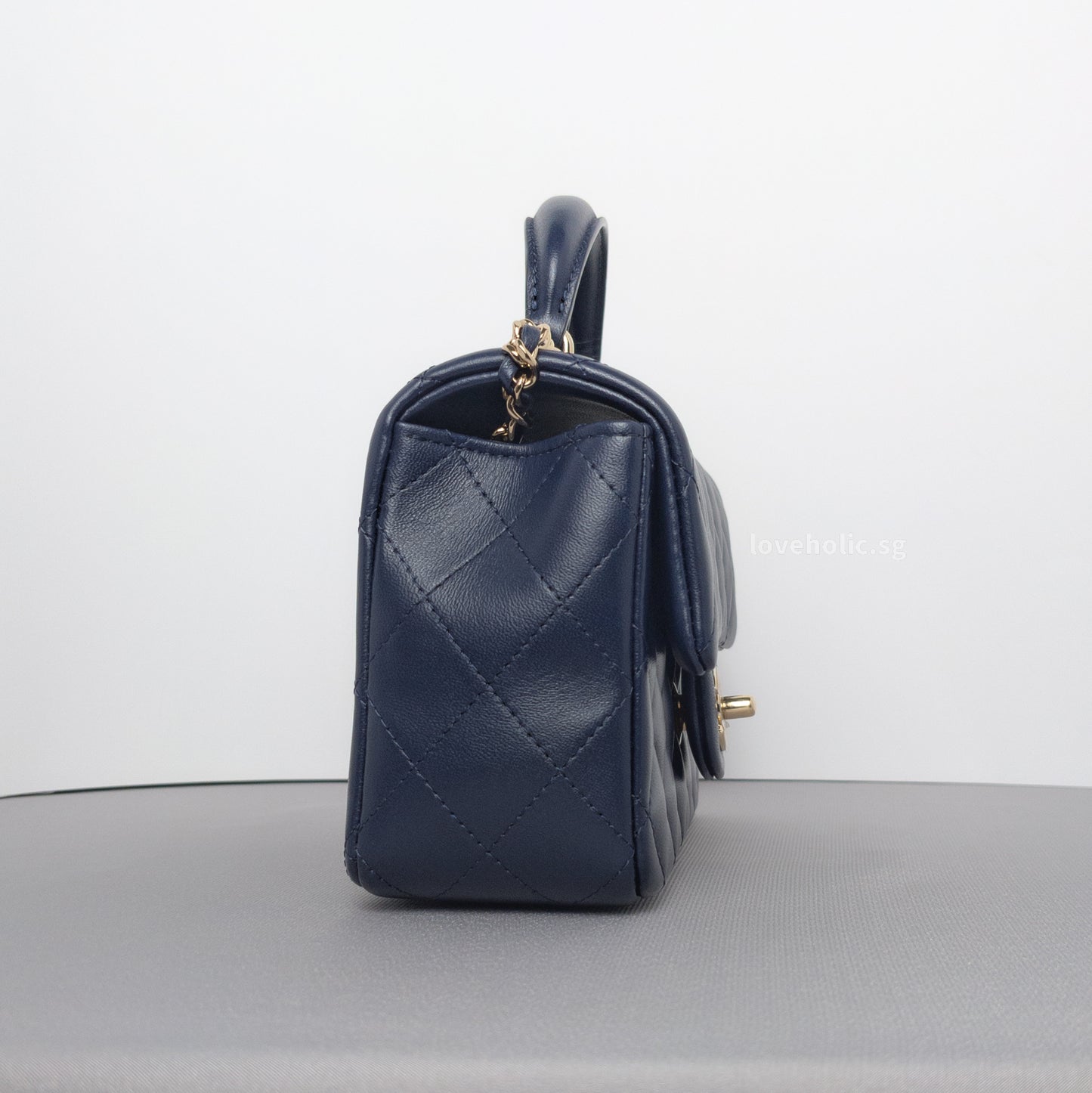 Mini Rectangle with Top Handle 24P Navy Lambskin Light Gold Hardware
