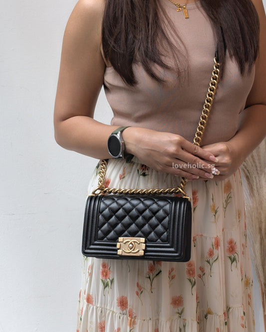 Chanel Boy Old Small | Black Caviar Brushed Gold Hardware-modelshots
