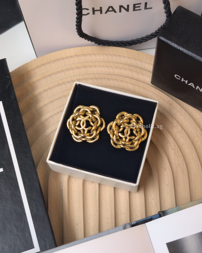 Chanel Vintage Earrings Camellia Clip On |   24K Gold Hardware-main