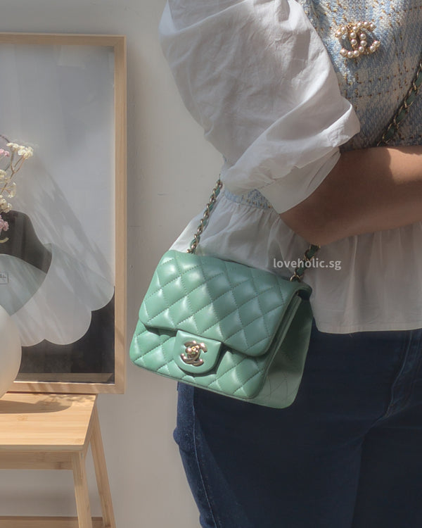 Chanel Classic Flap Mini Square | 21C Light Green Lambskin Light Gold Hardware-modelshots