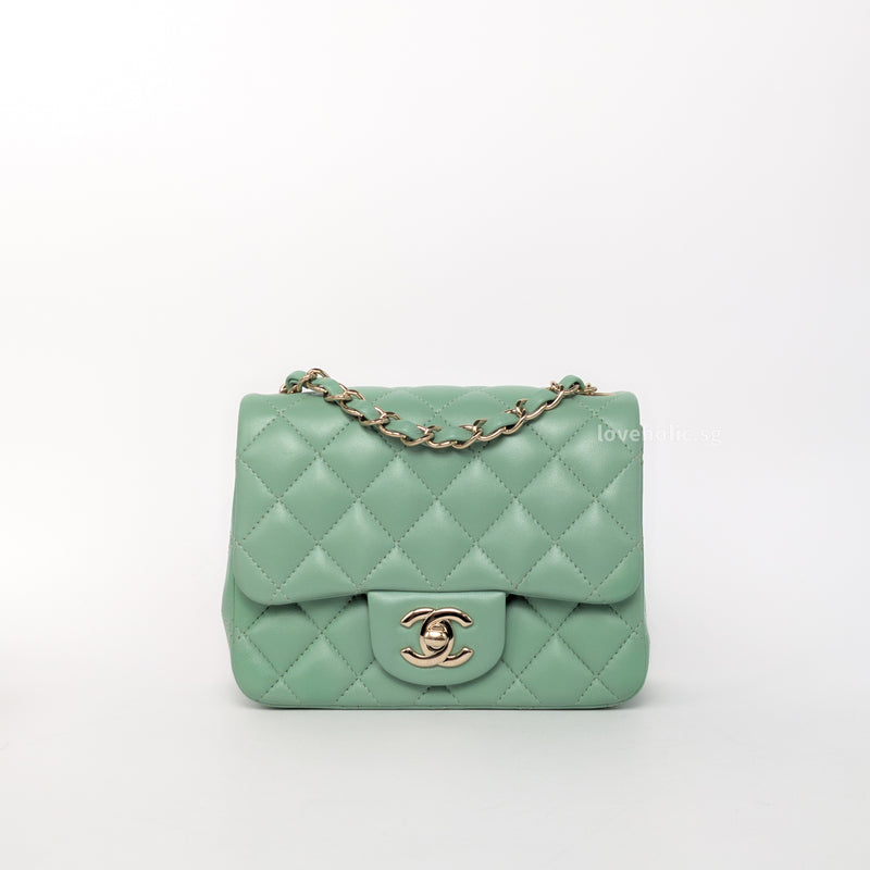 Chanel Classic Flap Mini Square | 21C Light Green Lambskin Light Gold Hardware-whitebackground