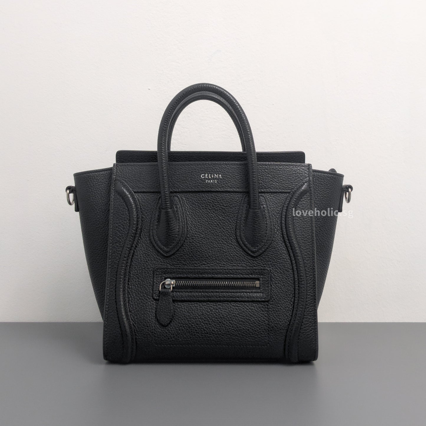 Celine Luggage Nano | Black Calfskin Ruthenium Hardware-whitebackground
